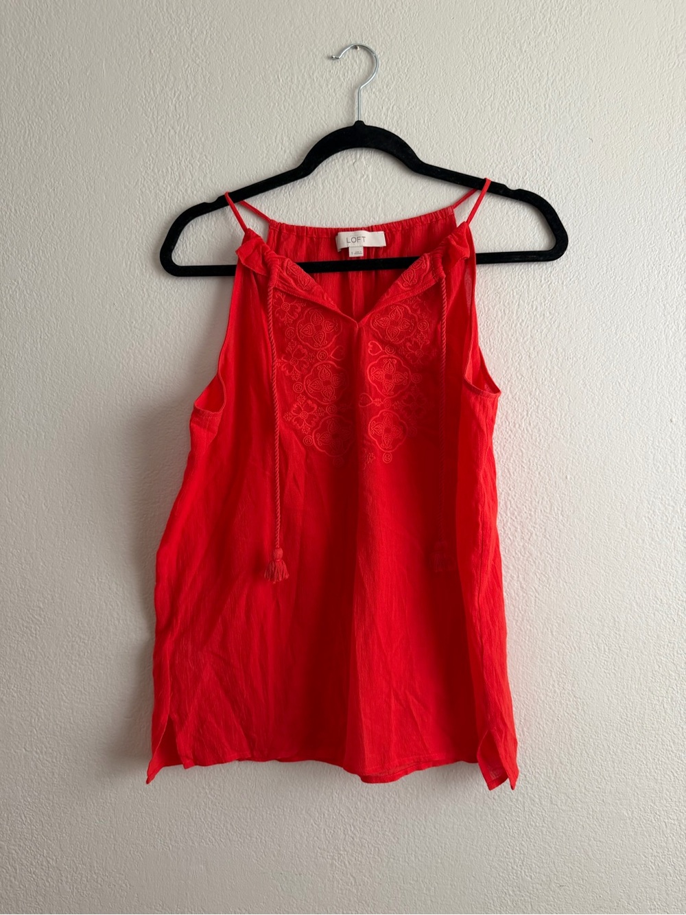 LOFT Bright Red Embroidered Tie-Detail Camisole